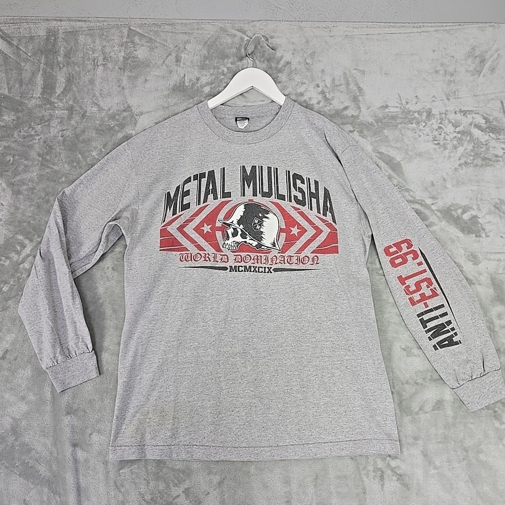 Metal Mulisha Men's Long Sleeve T-shirt‎ Large Grey World Domination Skull Y2K